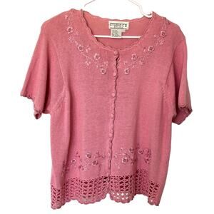 Vintage Studio II Petites Wms 14P Short Sleeve Pink Sweater Embroidered Flowers